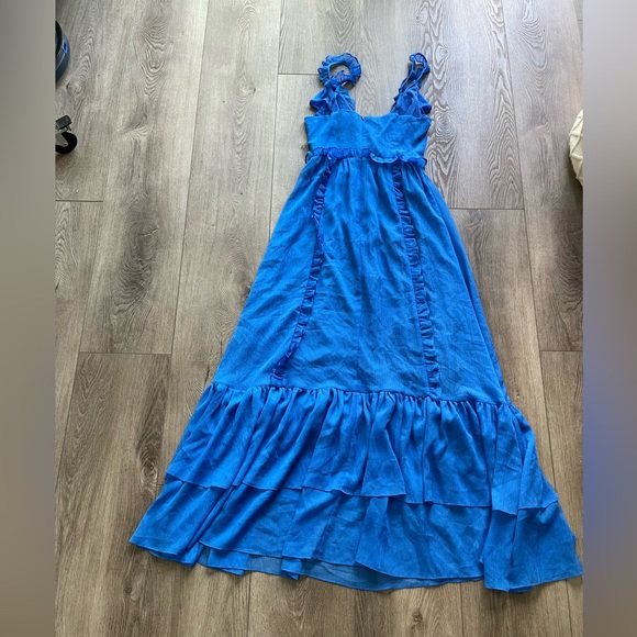 elliatt heritage blue ruffle deep v neck strappy maxi gown dress size small NEW - Picture 3 of 4